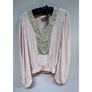 Anthropologie Maeve Womens V-Neck Balloon Sleeve Kristie Blush Sequin Top Small